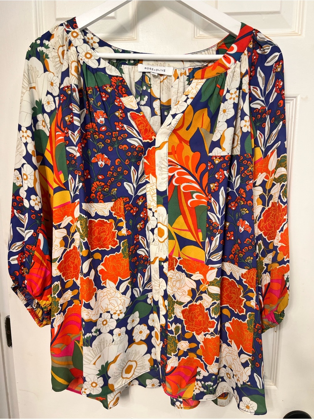 Rose & Olive Navy Floral Button-Front Women's Blouse - Orange & Green Print